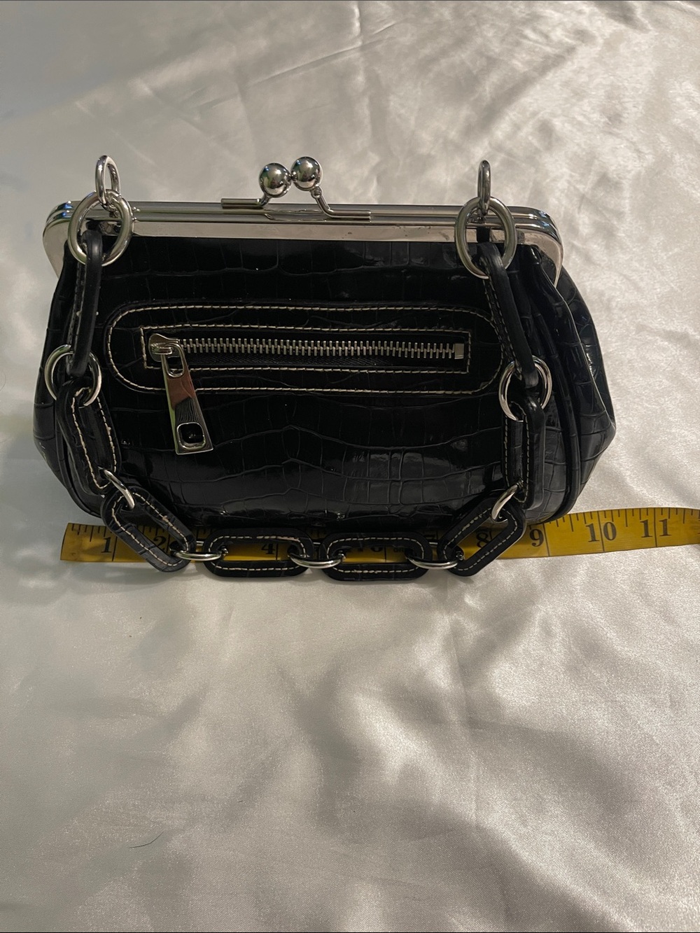 Black Croc-Embossed Chain Handle Women's Frame Bag